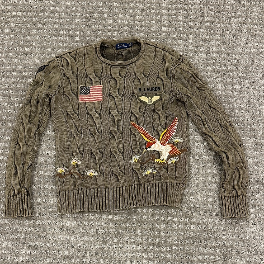 Polo Ralph Lauren Olive Cable Knit Sweater with Eagle and Flag